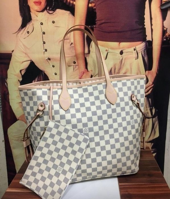 Geanta damă Louis Vuitton Neverfull, portofel simplu atasat, saculet,