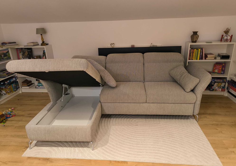 Canapea  FAMMARP 3 locuri cu şezlong, stanga metal/Viarp bej/maro