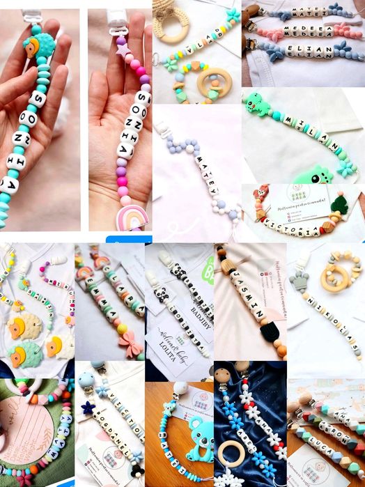 Jucării dentiție / lănțișor suzetă personalizat cu nume din silicon