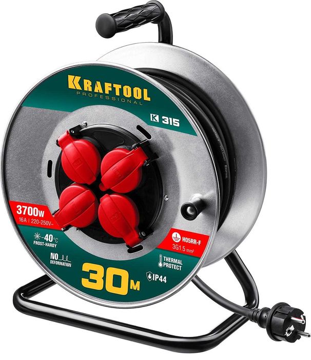 Силовой удлинитель на катушке KRAFTOOL   30м 3700w 4000w