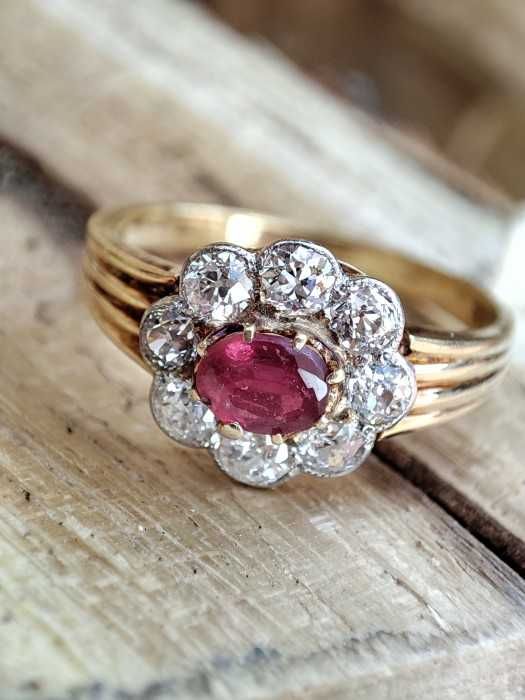 Inel Aur 14K Cu Rubin Si Diamante Old Euro Cut