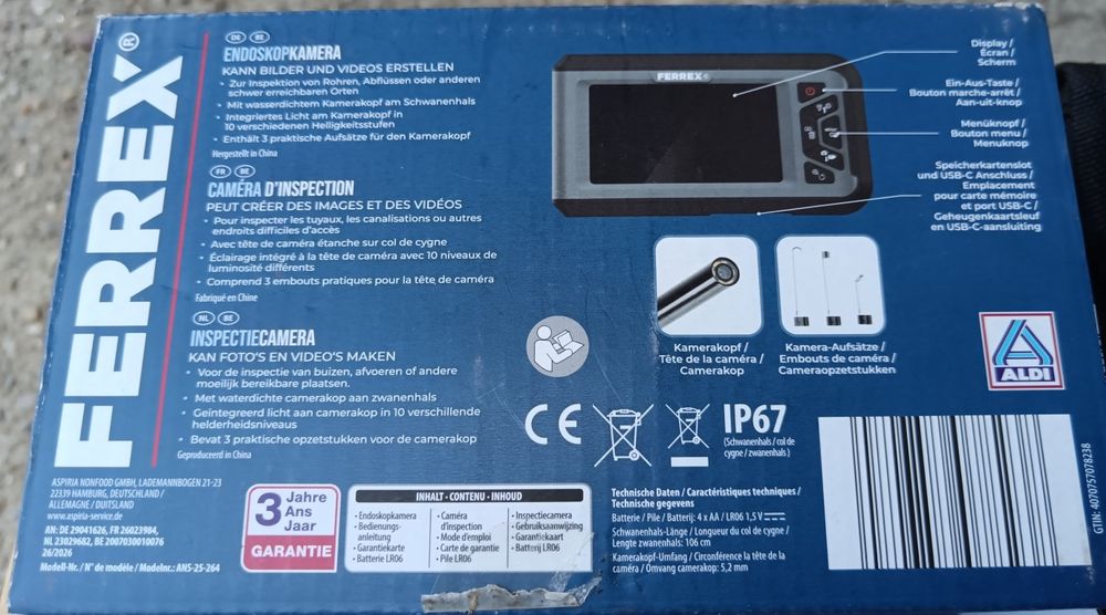 Camera endoscopica FERREX, NOUĂ, in cutie, slot de card și accesorii
