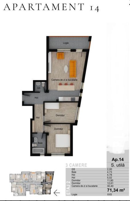 Apartament de 3 camere, 71,34 mp, balcon 8,63 mp, FINISAT zona Muzeul
