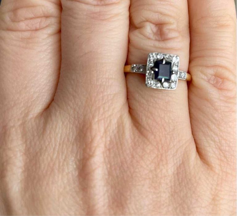 Inel aur 18 K & platina cu 16 diamante naturale si safir vintage