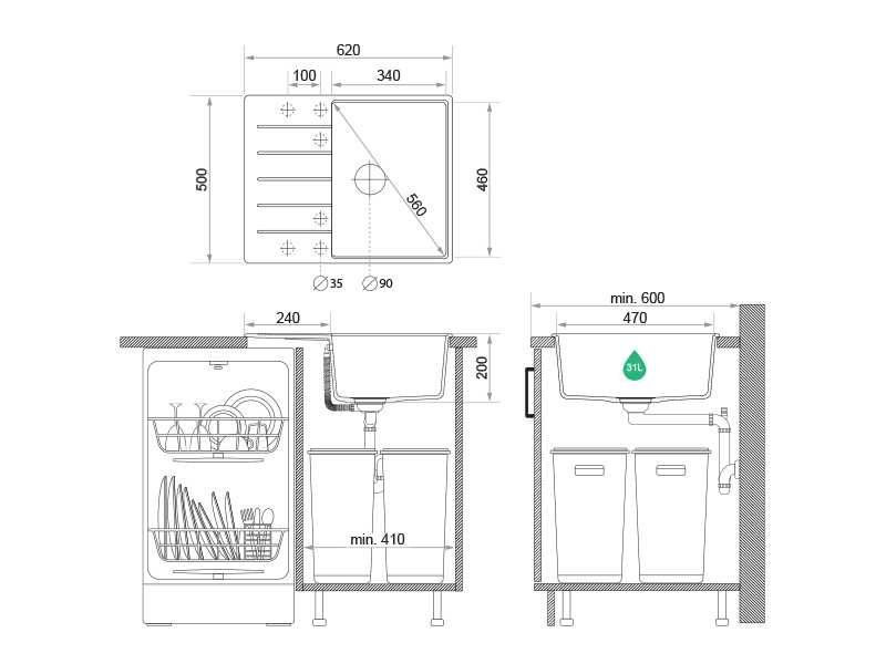 -21% Черна кухненска мивка от гранит Копенхаген 620х500 Top 45