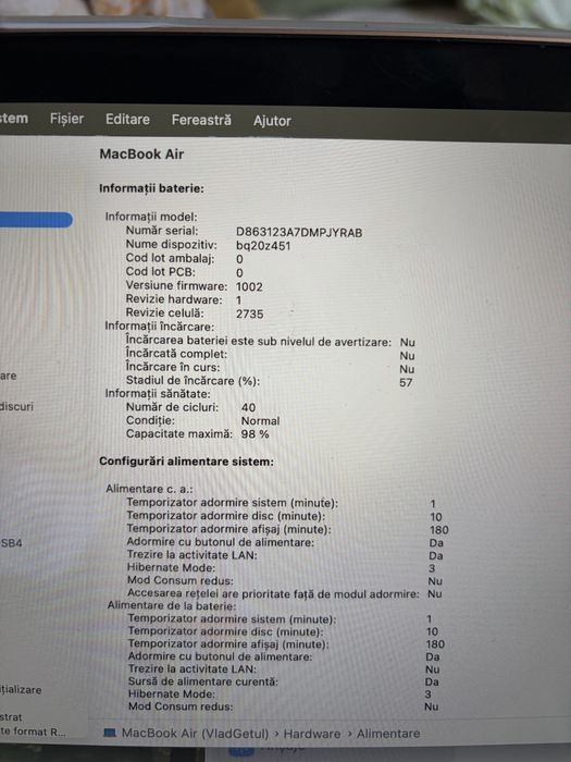 Macbook air M1 8/256 bat orig 40 de cicluri