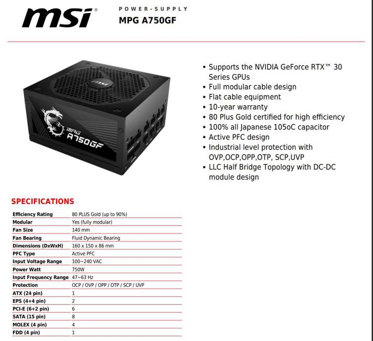 Продавам работещо захранване MSI A750GF