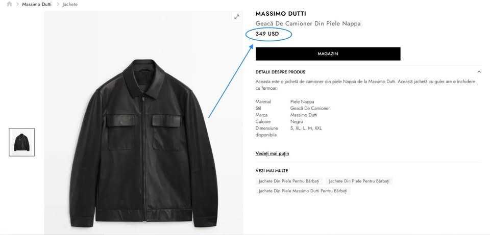 Jachetă din piele, bărbați Massimo Dutti, marim.L,(Super Ofertă).