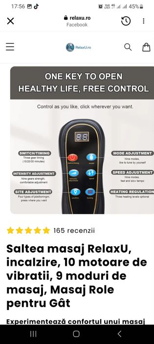 Saltea masaj electrică cu încălzire, 10 motoare, telecomandă