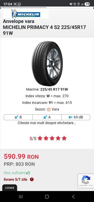 MICHELIN 225/45 R17 91W Primacy 4+ DOT 2024