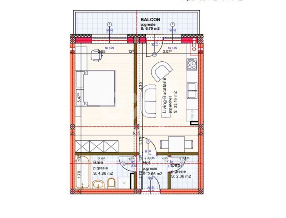 Apartament tip Studio cu balcon generos | 43 mp utili + 6,79 mp balcon