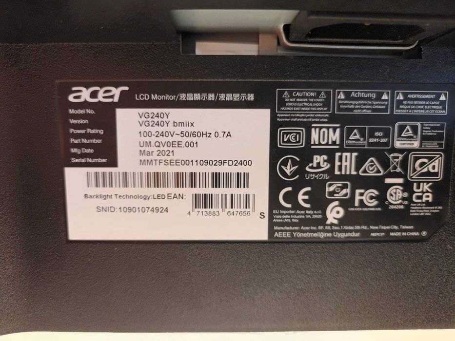 Monitor Acer Gaming LED IPS 23.8'', 75 Hz, 2xHDMI, VG240YBMIIX