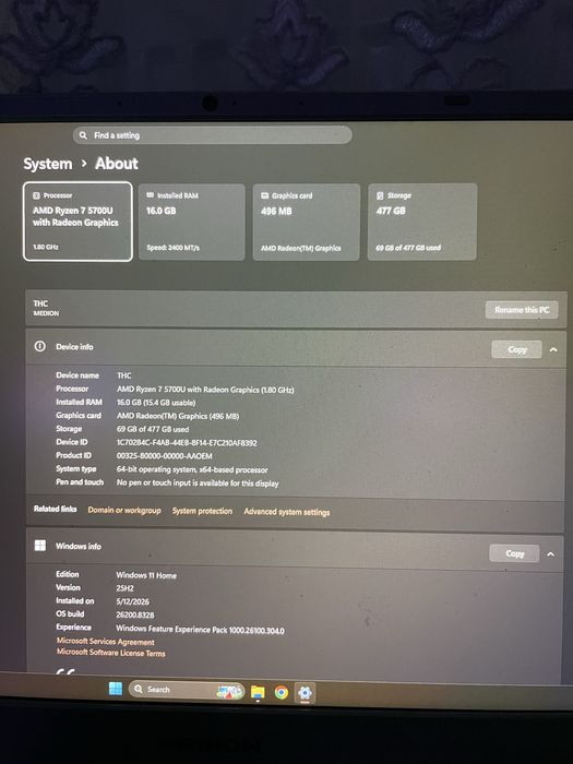 Laptop AMD Ryzen 7 5700U  16GB RAM 500GB
