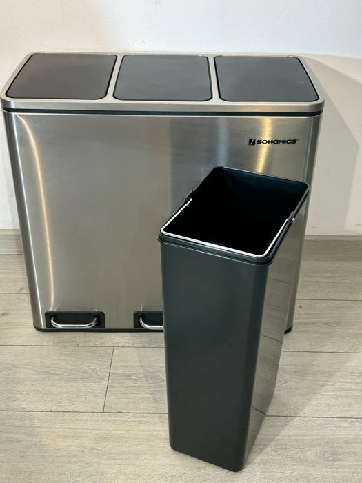 SONGMICS Coș de Gunoi din Inox, cu 3 Compartimente Colectare Selectivă