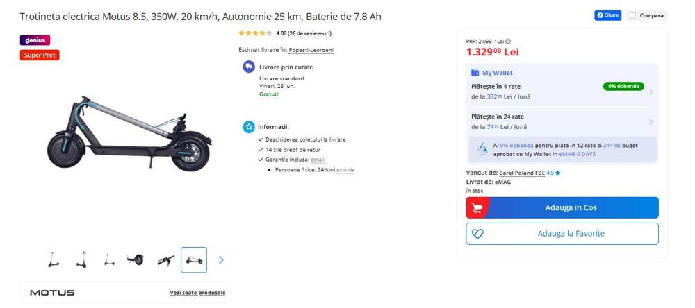 Trotinetă electrică Motus 8.5 – stare foarte bună, încă în garanție