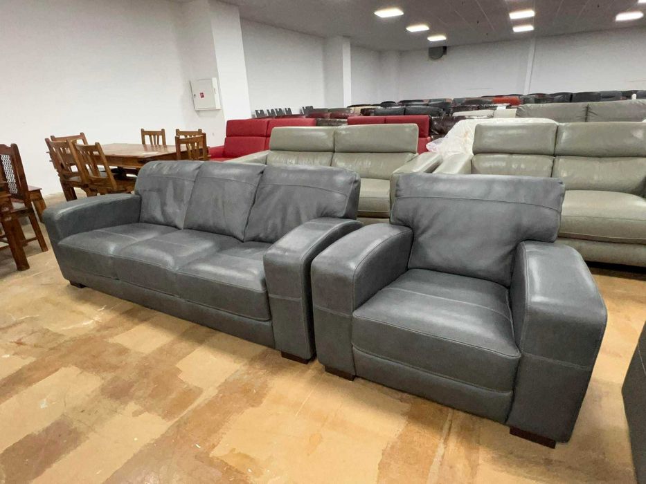 ПРОМОЦИЯ!!! Сив кожен диван тройка и фотьойл - естествена кожа