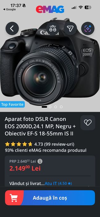 Aparat foto DSLR Canon EOS 2000D,24.1 MP+card de memorie 128GB si husa