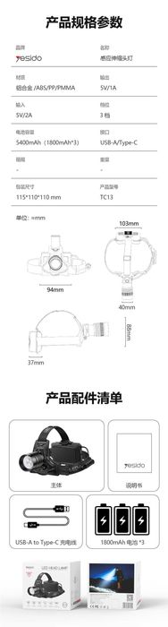 Yesido TC13 Налобный фонарь с датчиком движения и регулировкой фокуса