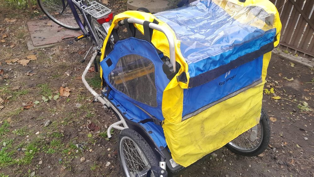 Set remorca/cărucior bicicleta, 2 copii, roti 20 inchi, pliabil,90 kg