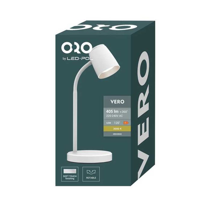 Lampă de Birou LED ORO VERO Alba, 4.5W, Braț Flexibil, Design Modern