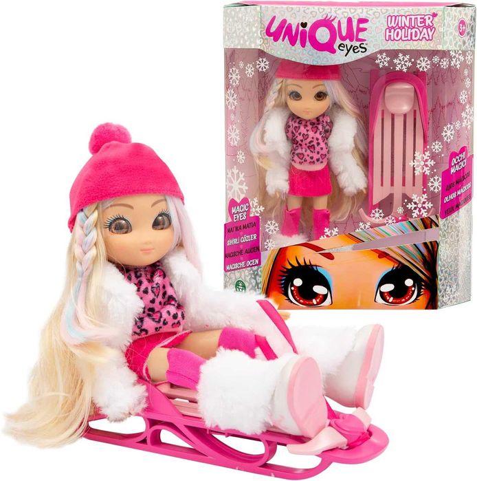 UNIQUE EYES Кукла с реалистични кристални очи зимни дрехи и шейна