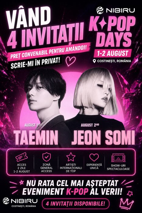 De vanzare - Patru Bilete la cel mai asteptat spectacol K-Pop - 1/2 August - Pret neg