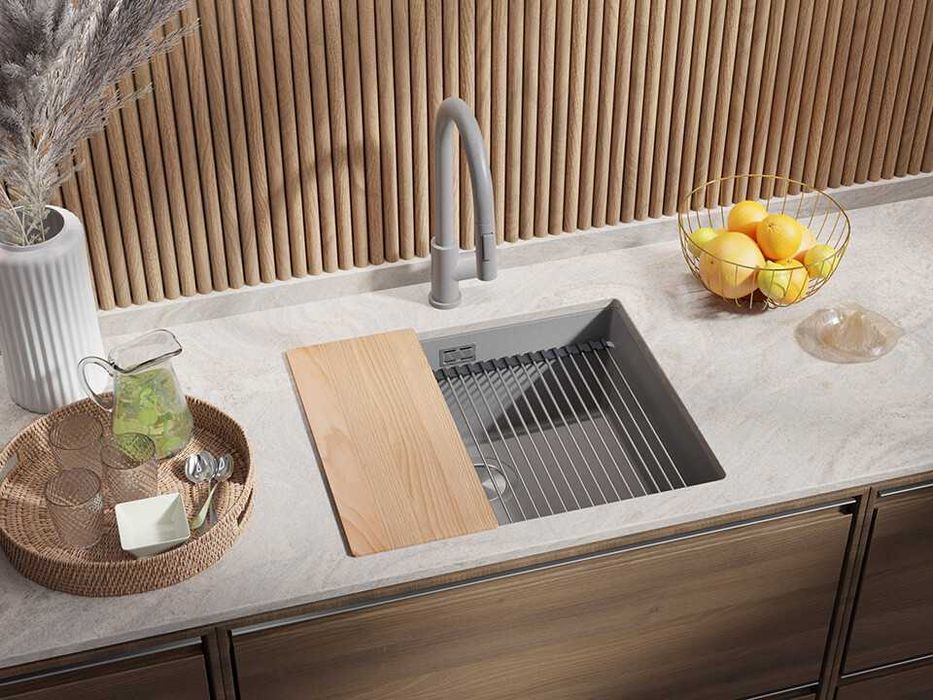 Сив кухненска мивка за вграждане под плот Прага 60 Level 560 x 470 мм