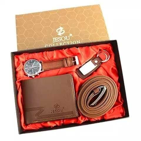 Луксозен мъжки подаръчен Сет Часовник, Колан, Ключодържател, Портфейл