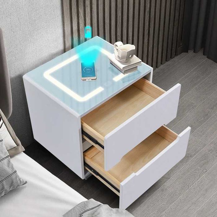 Noptieră smart multifuncțională cu încărcare wireless USB, 3 sertare