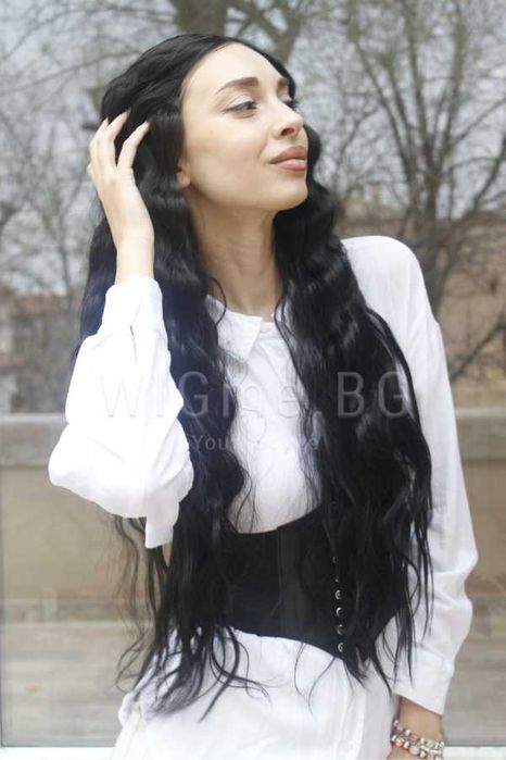 Дълга черна къдрава лейс фронт перука Роберта