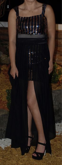 Rochie lunga de ocazie paiete albastru auriu voal matase marimea S