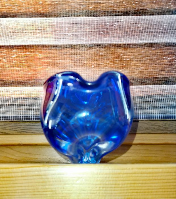 Антикварна Мурано кристална купа пепелник кобалтово синя ръчно правена