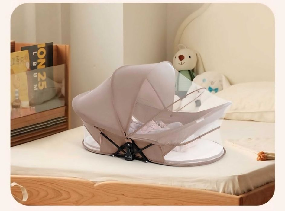 Преносимо бебешко легло, сгъваемо, компактно, платнено куфарче, бежово