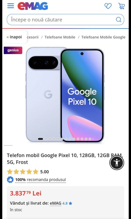Google Pixel 10, 128GB, 12GB RAM, 5G, Frost, 24 LUNI GARANȚIE