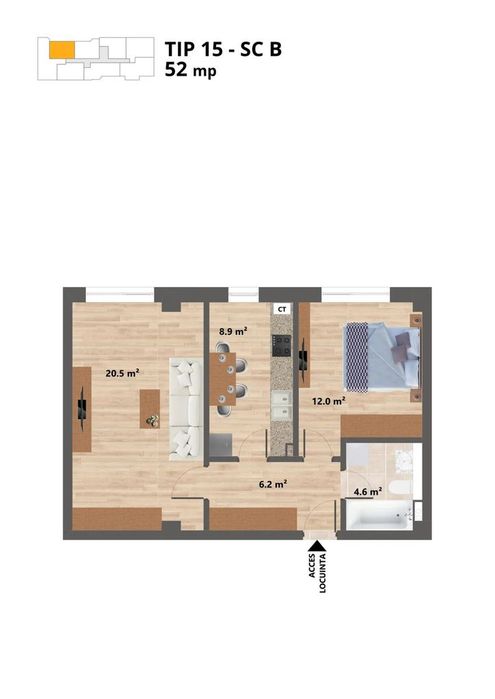 Proiect NOU -- Sun Residence -- Apartament 2 camere - TIP 15 - 52 Mp