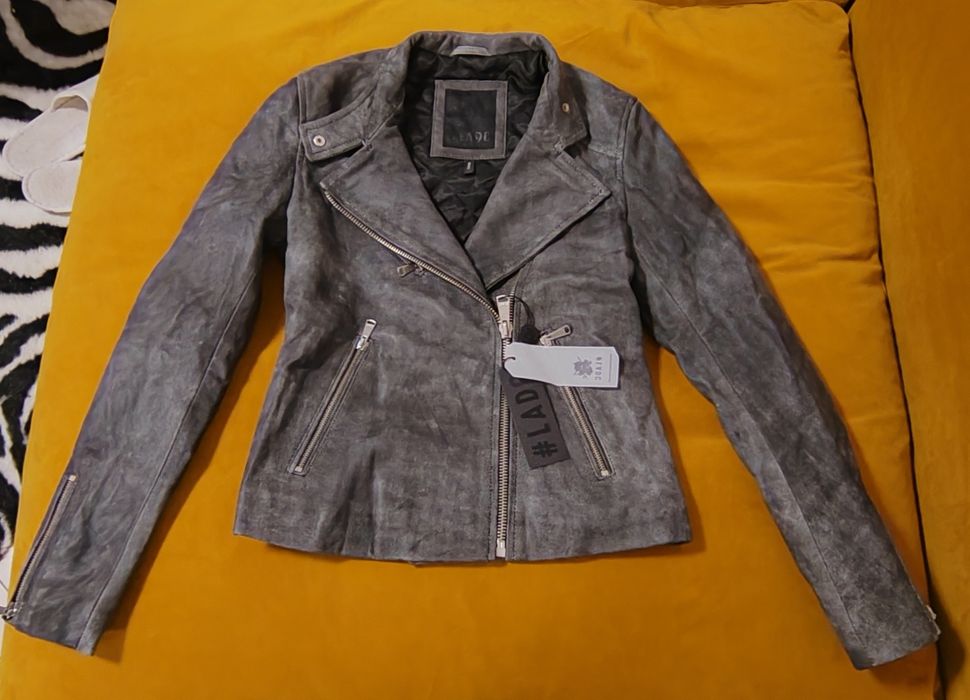 Geaca de piele naturala, neagra/gri LADC Paris, mărimea S