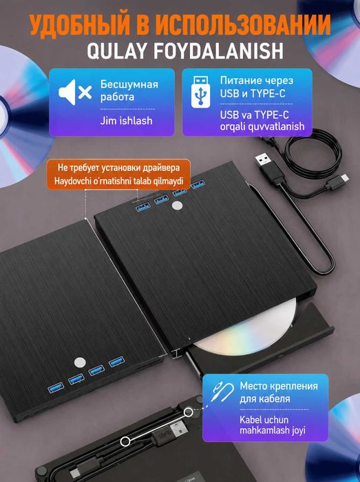 Внешний дисковод DVD-RW, DVD-ROM, CD-ROM 8в1. USB-хаб высокая скорость