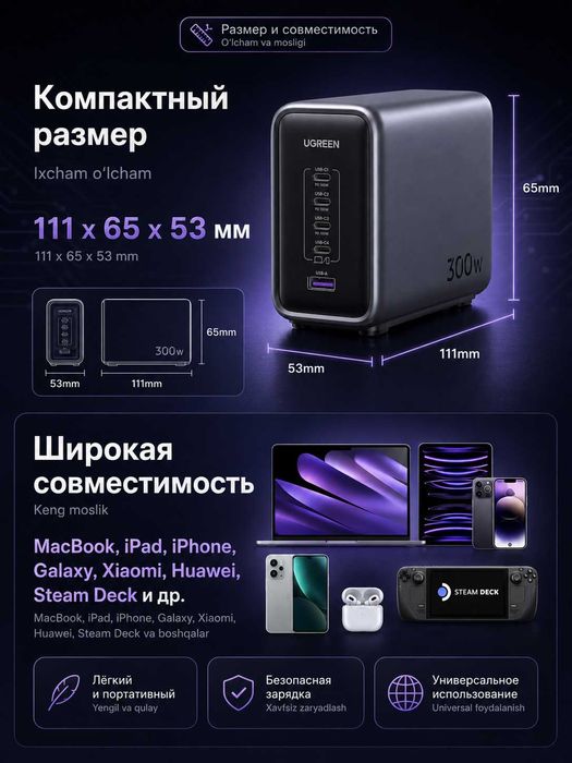 Зарядное устройство UGREEN Nexode 300W USB C GaN Charger-5 Ports