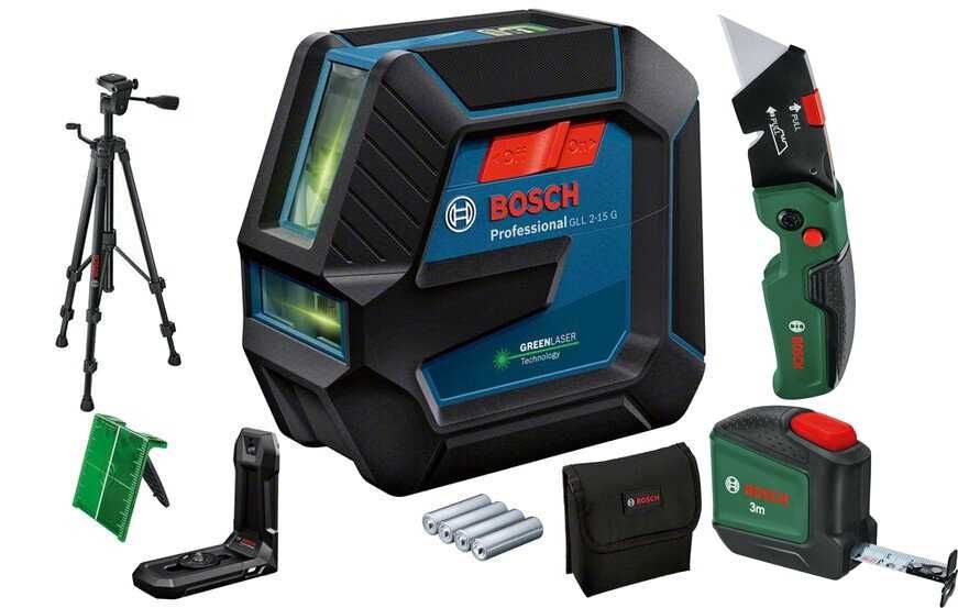 Промоция!Лазерен линеен нивелир GLL 2-15 G + LB 10 + BT 150 Bosch