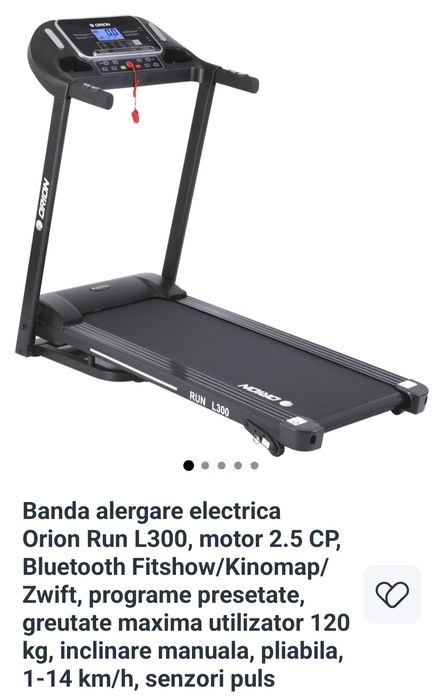 Banda alergare electrica Orion Run L300, motor 2.5 CP, Bluetooth Fitshow/Kinomap/Zwift, programe presetate, greutate maxima utilizator 120 kg
