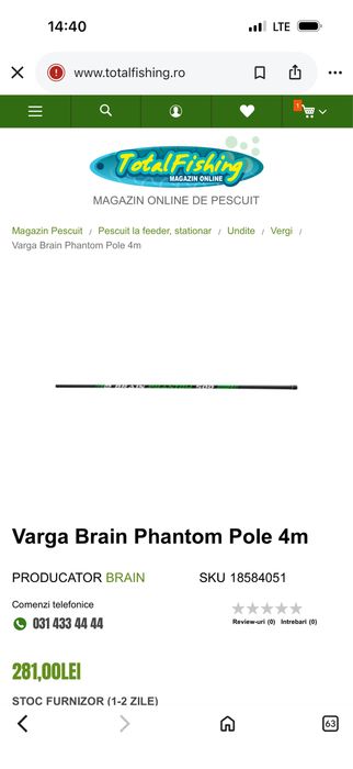 Vând vargă Brain Phantome Pole 4.0m