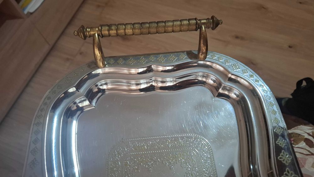 Уникален немски поднос със бронзови дръжки ръчна изработка.