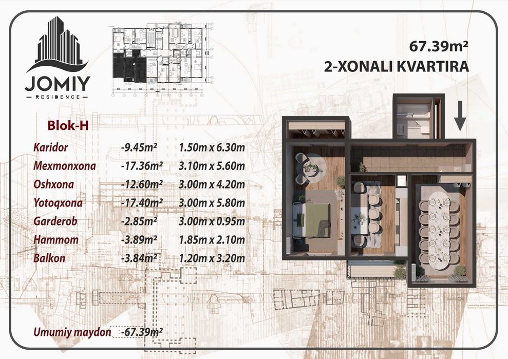 Jomiy Residencedan Ta'mirli xonadonlar