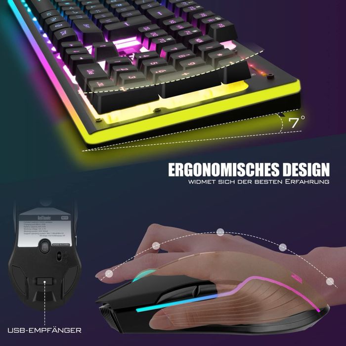 RedThunder Set Tastatură și Mouse Gaming Wireless 3200 DPI Baterie 3000mA – Negru QWERTZ