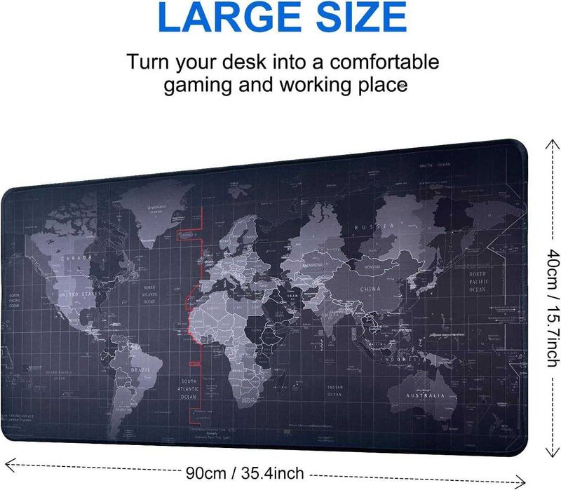 Mousepad Gaming XXL cu Harta Lumii Antiderapant pentru Birou 90x40 cm
