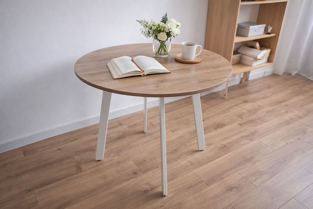 Masă rotundă modernă, blat aspect lemn natural, picioare albe – stare