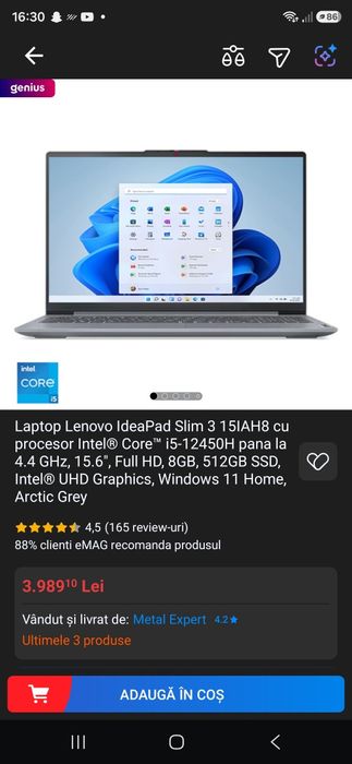 Laptop Lenovo IdeaPad Slim 3 15IAH8 | i5-12450H, 8GB, 512GB SSD, Win 11 Licențiat + Ghiozdan ca