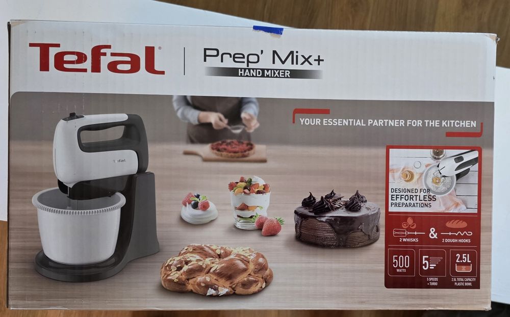 Mixer cu bol Tefal Prep'Mix+ HT464138, 500W, bol 2.5L auto-rotativ, 5 trepte viteza si functie turbo, 2 teluri inox, 2 carlige inox, alb