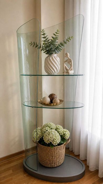 Vând vitrină decorativă din sticlă curbată, cu design modern și elegant