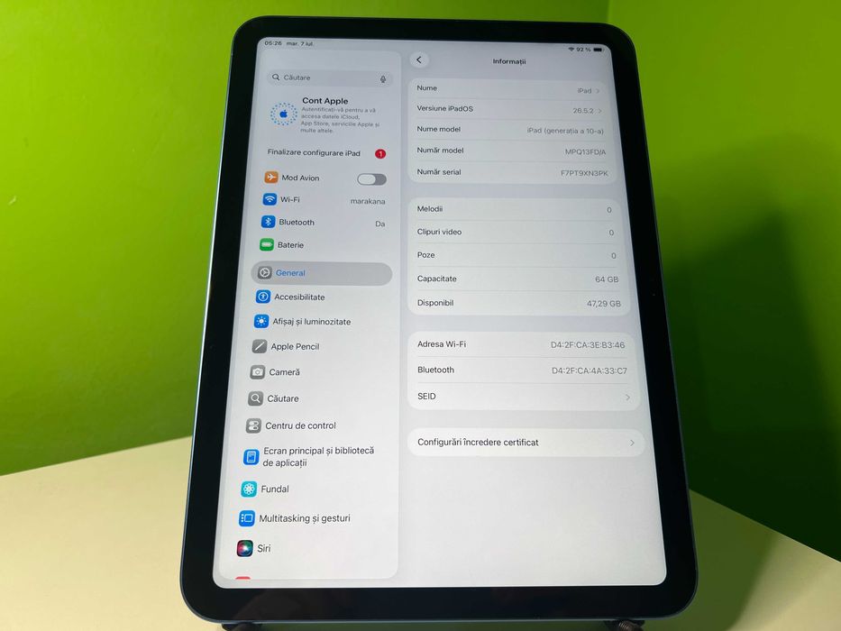 iPad 10 2022 64GB Baterie 100% 92 cicluri Impecabila